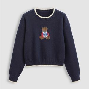 Cider Navy Blue Round Neckline Graphic Teddy Bear Long Sleeve Sweater